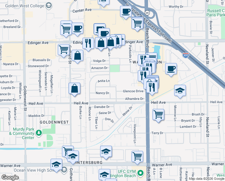map of restaurants, bars, coffee shops, grocery stores, and more near 16386 Mark Lane in Huntington Beach