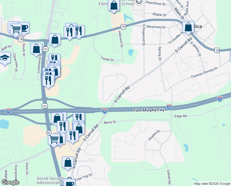 map of restaurants, bars, coffee shops, grocery stores, and more near 311 Berkley Drive in Villa Rica