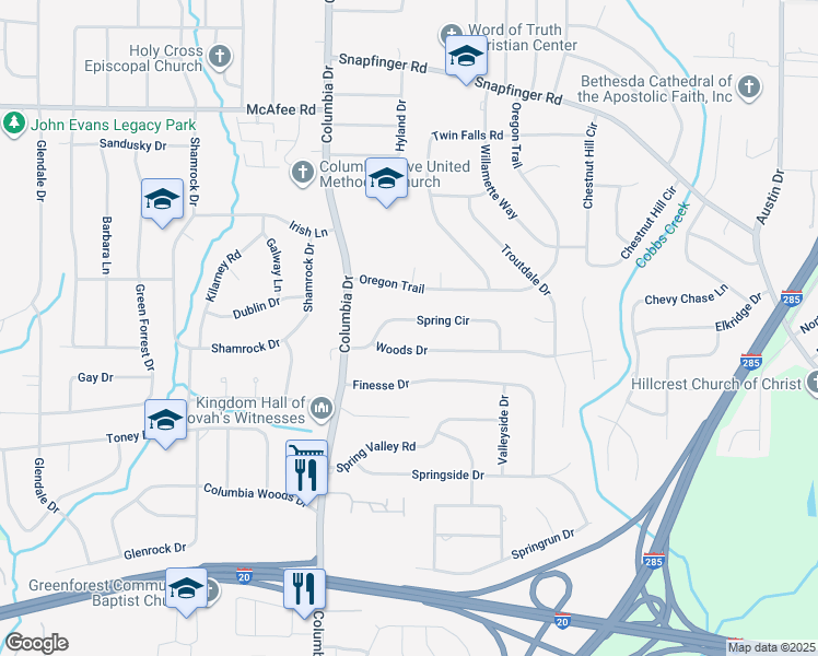 map of restaurants, bars, coffee shops, grocery stores, and more near 3445 Spring Circle in Decatur