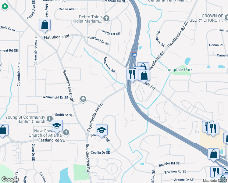 map of restaurants, bars, coffee shops, grocery stores, and more near 1093 Fayetteville Road Southeast in Atlanta