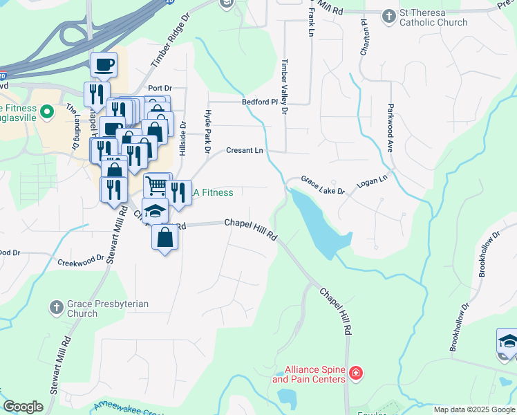 map of restaurants, bars, coffee shops, grocery stores, and more near 4644 Chapel Court in Douglasville