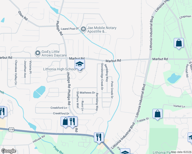 map of restaurants, bars, coffee shops, grocery stores, and more near 2702 Rambling Way in Lithonia