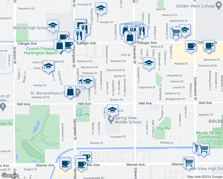 map of restaurants, bars, coffee shops, grocery stores, and more near 16361 Underhill Lane in Huntington Beach