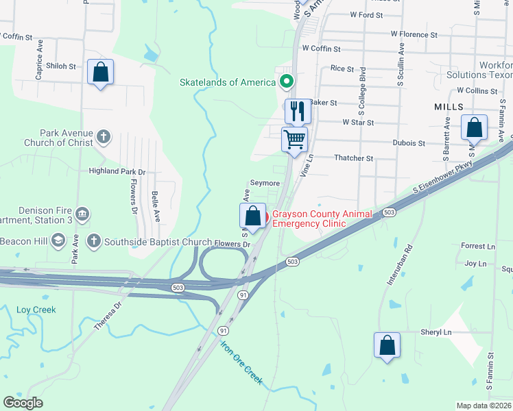 map of restaurants, bars, coffee shops, grocery stores, and more near 1427 Seymore Street in Denison
