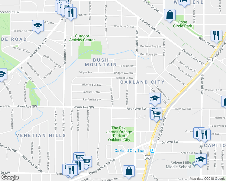 map of restaurants, bars, coffee shops, grocery stores, and more near 1124 Wyland Drive Southwest in Atlanta