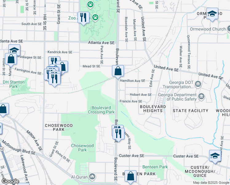 map of restaurants, bars, coffee shops, grocery stores, and more near 1099 Boulevard Southeast in Atlanta