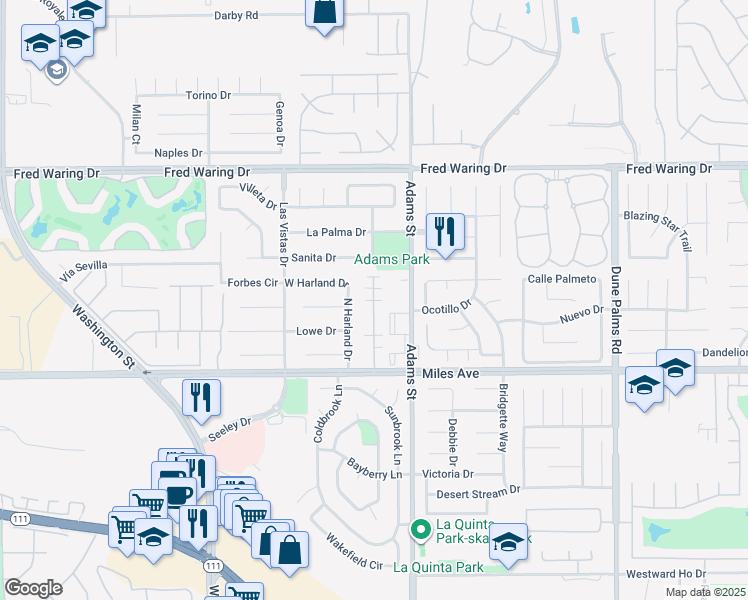 map of restaurants, bars, coffee shops, grocery stores, and more near 66 Vista Dunes Lane in La Quinta