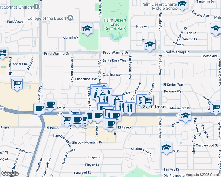 map of restaurants, bars, coffee shops, grocery stores, and more near 44525 San Carlos Avenue in Palm Desert