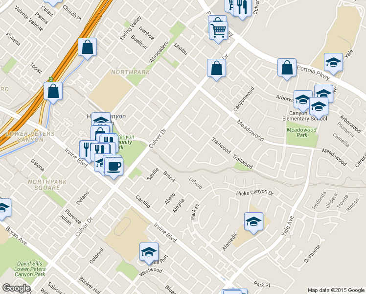 map of restaurants, bars, coffee shops, grocery stores, and more near 22 Laurelwood in Irvine