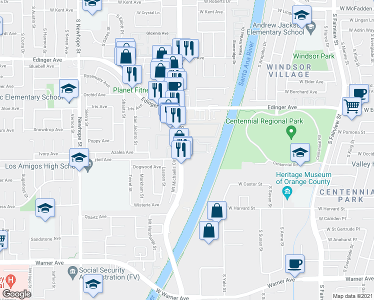 map of restaurants, bars, coffee shops, grocery stores, and more near 16440 Harbor Boulevard in Fountain Valley