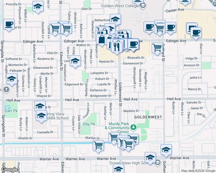 map of restaurants, bars, coffee shops, grocery stores, and more near 6902 Loyola Drive in Huntington Beach