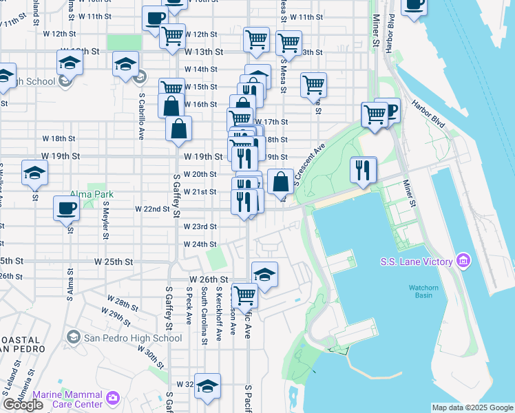 map of restaurants, bars, coffee shops, grocery stores, and more near 452 West 22nd Street in Los Angeles
