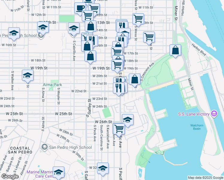 map of restaurants, bars, coffee shops, grocery stores, and more near 520 West 22nd Street in Los Angeles