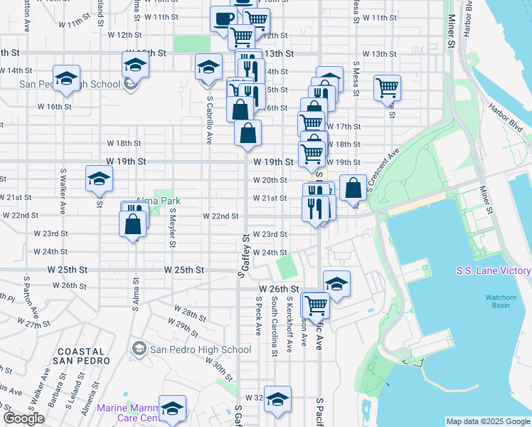 map of restaurants, bars, coffee shops, grocery stores, and more near 658 West 22nd Street in Los Angeles