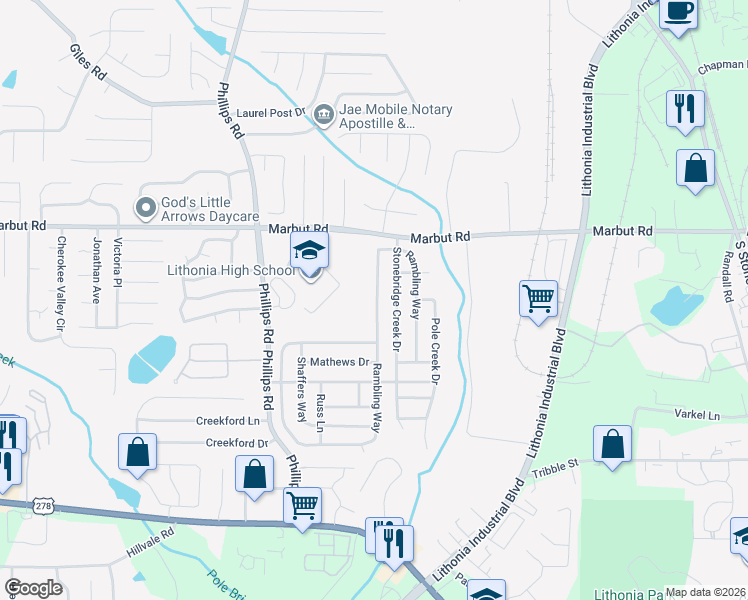 map of restaurants, bars, coffee shops, grocery stores, and more near 2702 Rambling Way in Lithonia