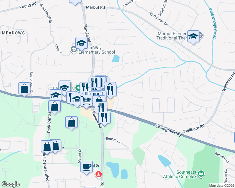 map of restaurants, bars, coffee shops, grocery stores, and more near 6150b Covington Highway in Lithonia