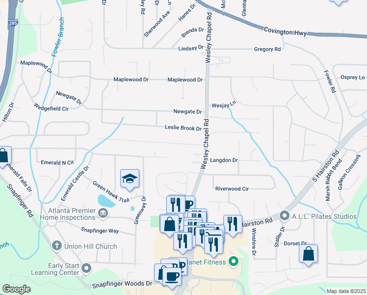 map of restaurants, bars, coffee shops, grocery stores, and more near 4239 Canby Lane in Decatur