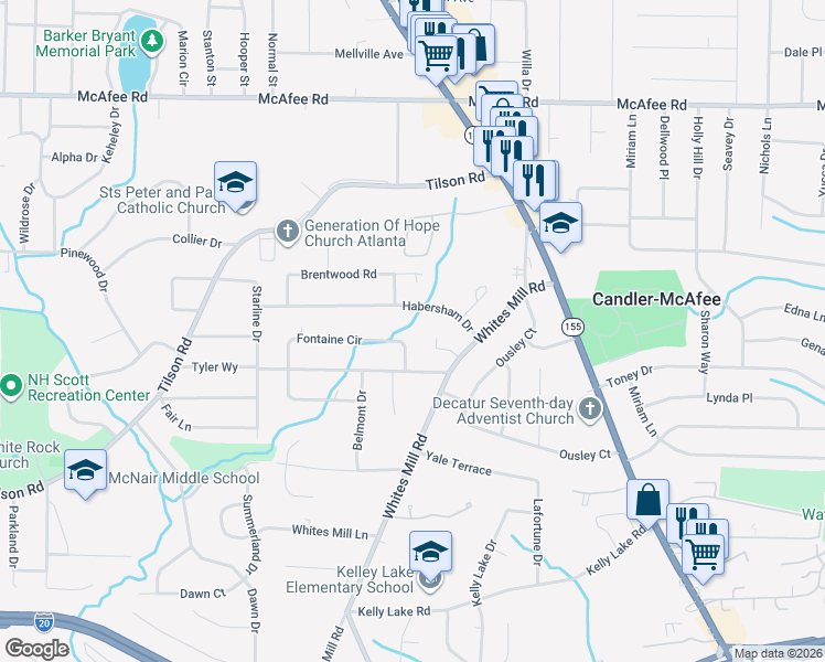 map of restaurants, bars, coffee shops, grocery stores, and more near 2562 Fontaine Circle in Decatur