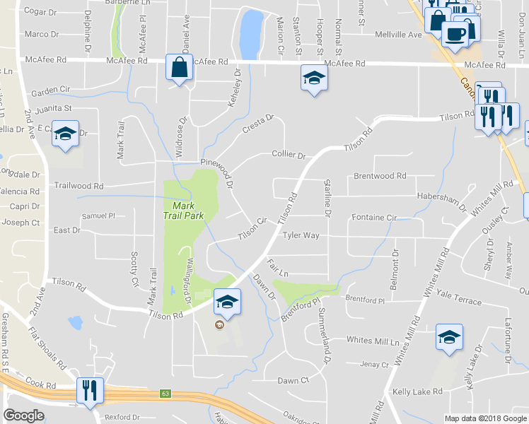 map of restaurants, bars, coffee shops, grocery stores, and more near 2434 Tilson Road in Decatur