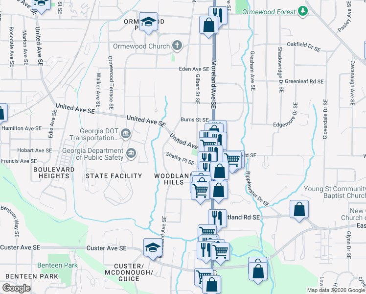 map of restaurants, bars, coffee shops, grocery stores, and more near 1077 United Avenue Southeast in Atlanta