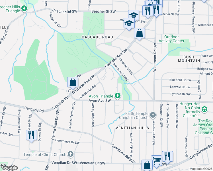 map of restaurants, bars, coffee shops, grocery stores, and more near 1120 Cahaba Drive Southwest in Atlanta