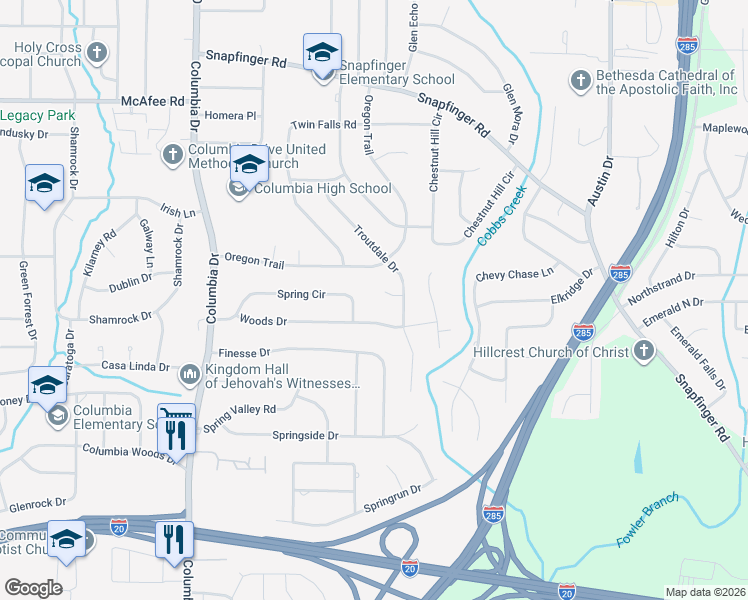 map of restaurants, bars, coffee shops, grocery stores, and more near 3559 Troutdale Court in Decatur