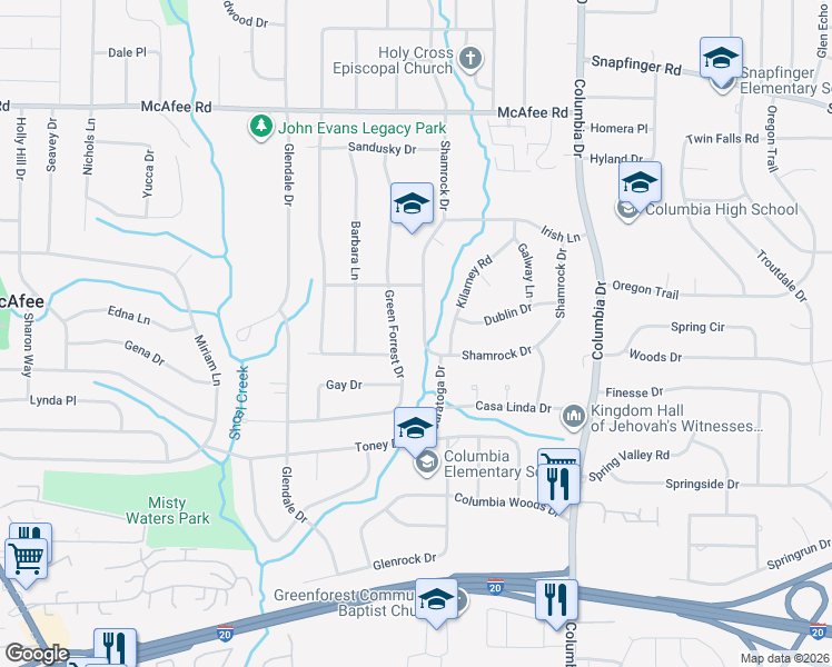 map of restaurants, bars, coffee shops, grocery stores, and more near 2215 Shamrock Drive in Decatur