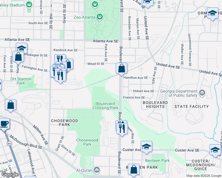 map of restaurants, bars, coffee shops, grocery stores, and more near 1099 Boulevard Southeast in Atlanta