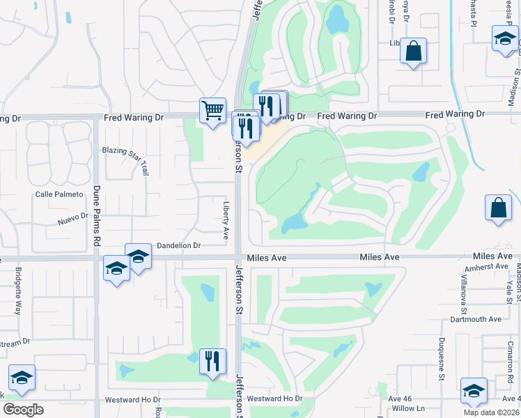 map of restaurants, bars, coffee shops, grocery stores, and more near 44702 Alexandria Vale in Indio
