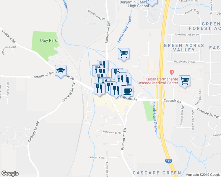 map of restaurants, bars, coffee shops, grocery stores, and more near 1120 Fairburn Road Southwest in Atlanta