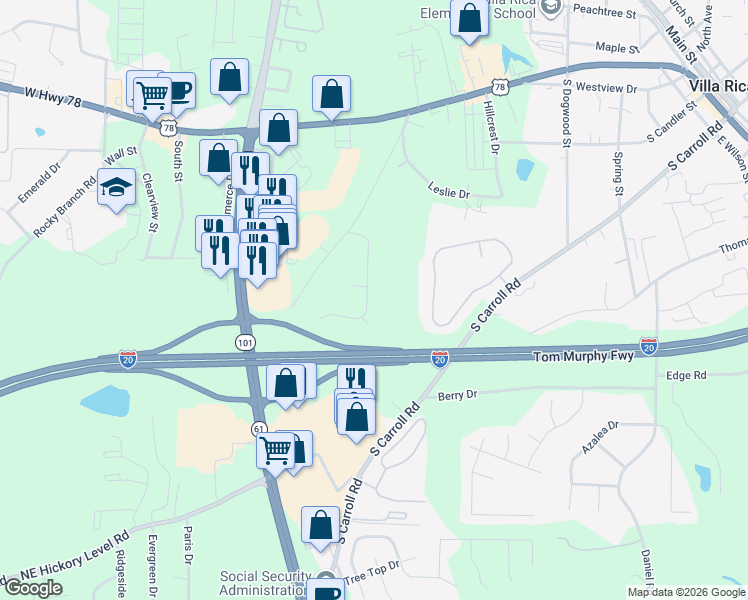 map of restaurants, bars, coffee shops, grocery stores, and more near 143 Lawrence Drive in Villa Rica