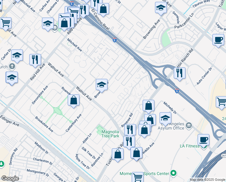 map of restaurants, bars, coffee shops, grocery stores, and more near 14331 Fernbrook Drive in Tustin