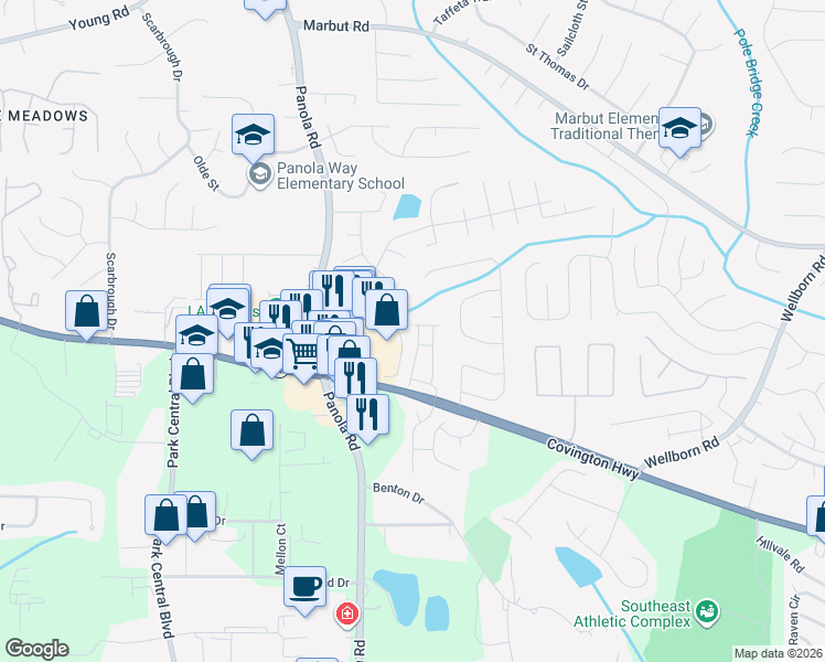 map of restaurants, bars, coffee shops, grocery stores, and more near 6150b Covington Highway in Lithonia