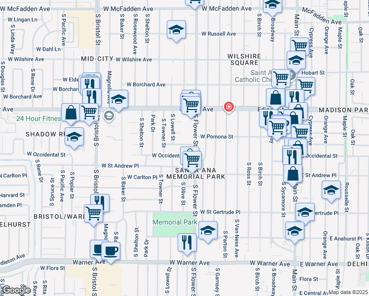 map of restaurants, bars, coffee shops, grocery stores, and more near 918 West Berkeley Street in Santa Ana