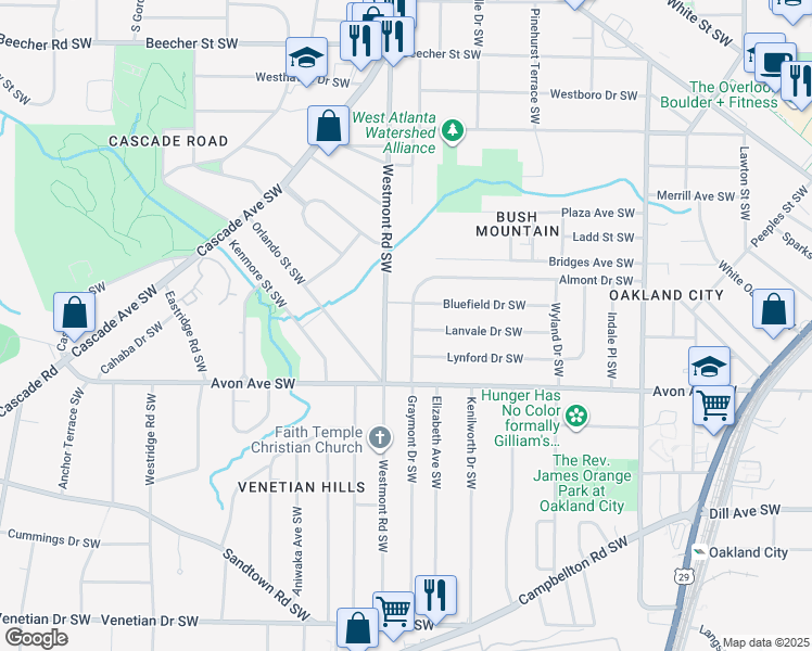map of restaurants, bars, coffee shops, grocery stores, and more near 1123 Graymont Drive Southwest in Atlanta