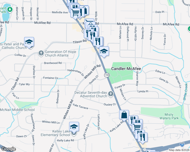 map of restaurants, bars, coffee shops, grocery stores, and more near 2247 Ousley Court in Decatur
