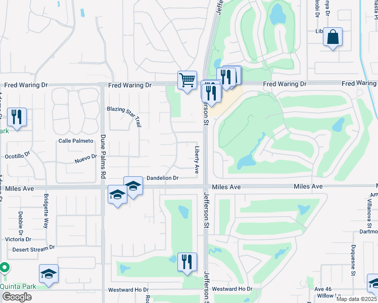 map of restaurants, bars, coffee shops, grocery stores, and more near 44658 Franklin Court in La Quinta