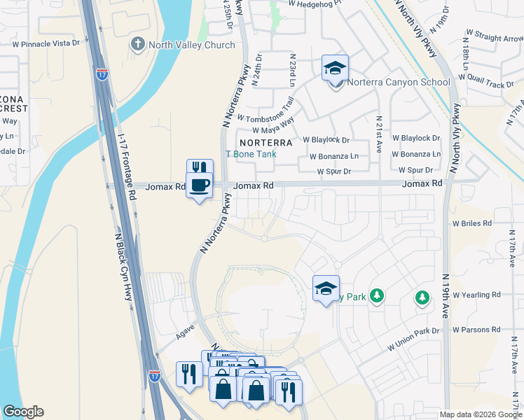 map of restaurants, bars, coffee shops, grocery stores, and more near West Jomax Road in Phoenix