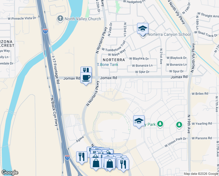 map of restaurants, bars, coffee shops, grocery stores, and more near West Jomax Road in Phoenix