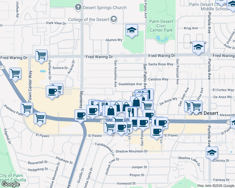 map of restaurants, bars, coffee shops, grocery stores, and more near 73275 Royal Palm Drive in Palm Desert
