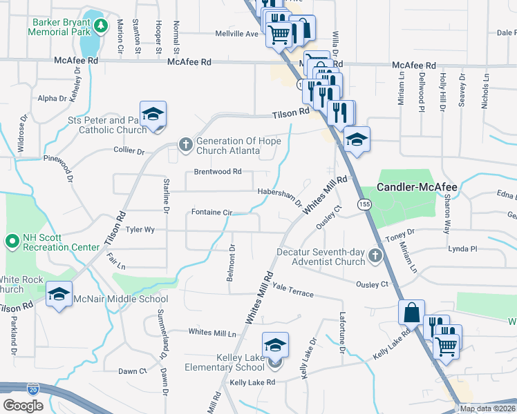 map of restaurants, bars, coffee shops, grocery stores, and more near 2562 Fontaine Circle in Decatur