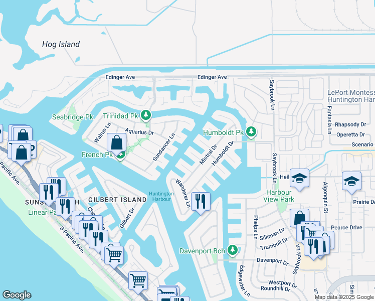 map of restaurants, bars, coffee shops, grocery stores, and more near 16352 Maruffa Circle in Huntington Beach