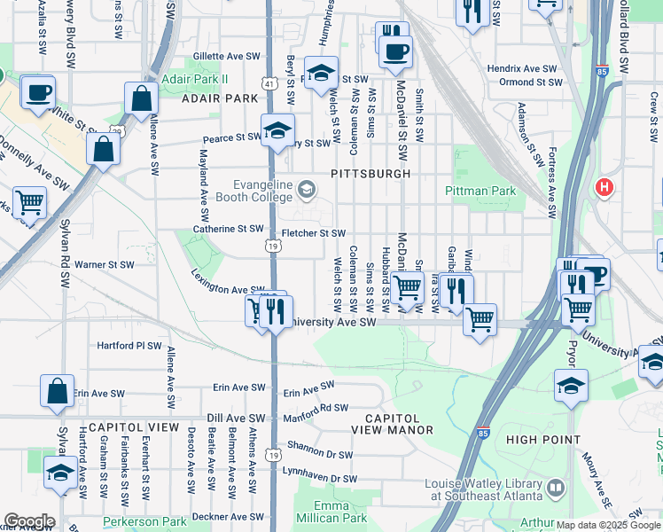map of restaurants, bars, coffee shops, grocery stores, and more near 527 Roy Street Southwest in Atlanta