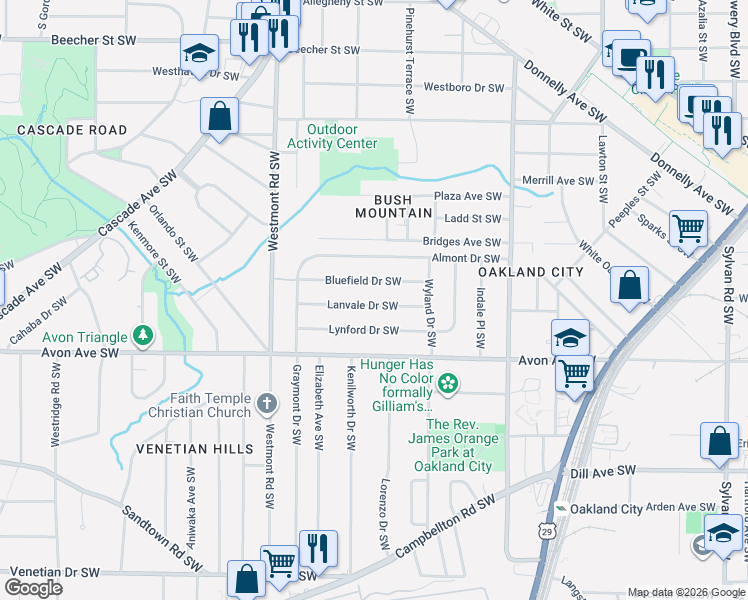 map of restaurants, bars, coffee shops, grocery stores, and more near 1395 Lanvale Drive Southwest in Atlanta
