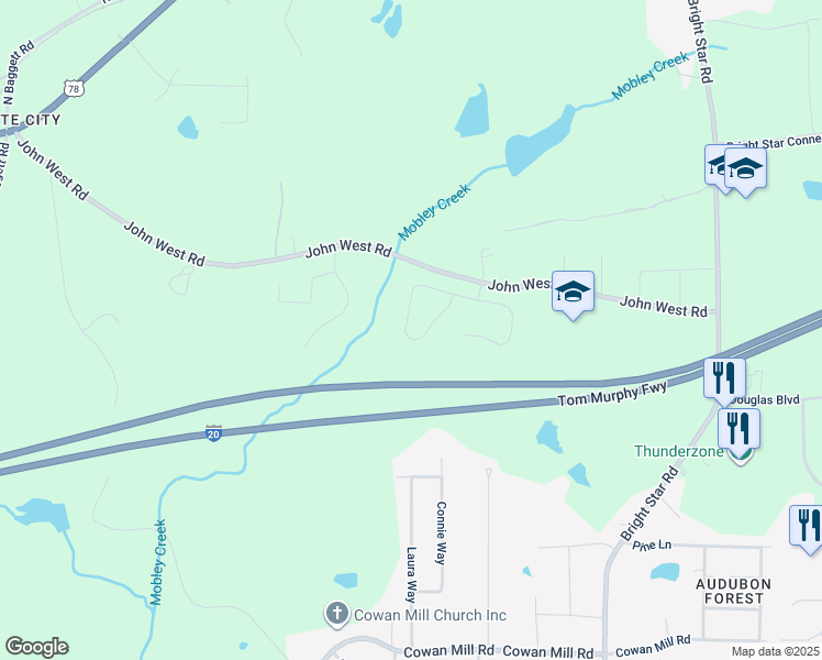 map of restaurants, bars, coffee shops, grocery stores, and more near 6743 Brookfield Way in Douglasville