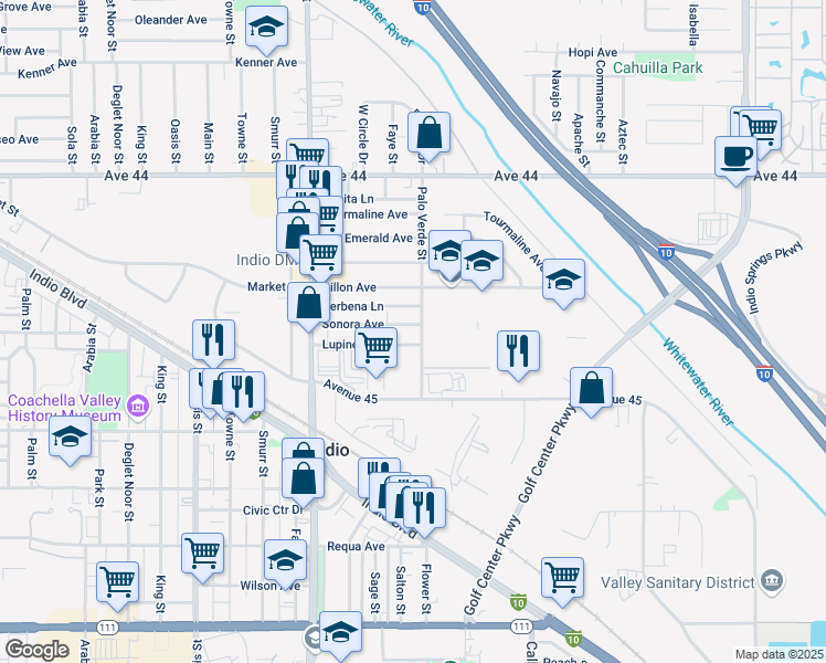 map of restaurants, bars, coffee shops, grocery stores, and more near 83217 Sonora Avenue in Indio