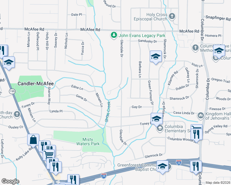 map of restaurants, bars, coffee shops, grocery stores, and more near 3075 Glendale Court in Decatur