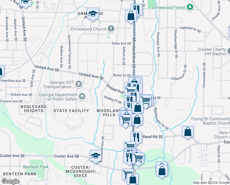 map of restaurants, bars, coffee shops, grocery stores, and more near 1077 United Avenue Southeast in Atlanta