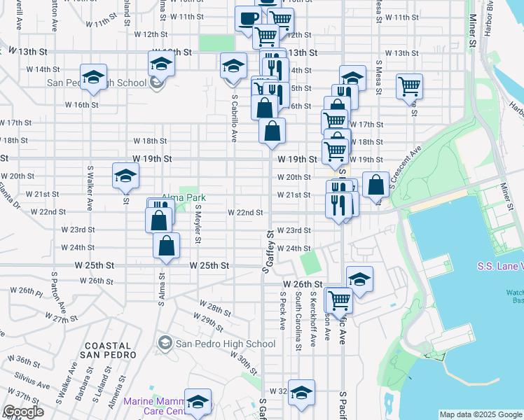 map of restaurants, bars, coffee shops, grocery stores, and more near 726 West 22nd Street in Los Angeles