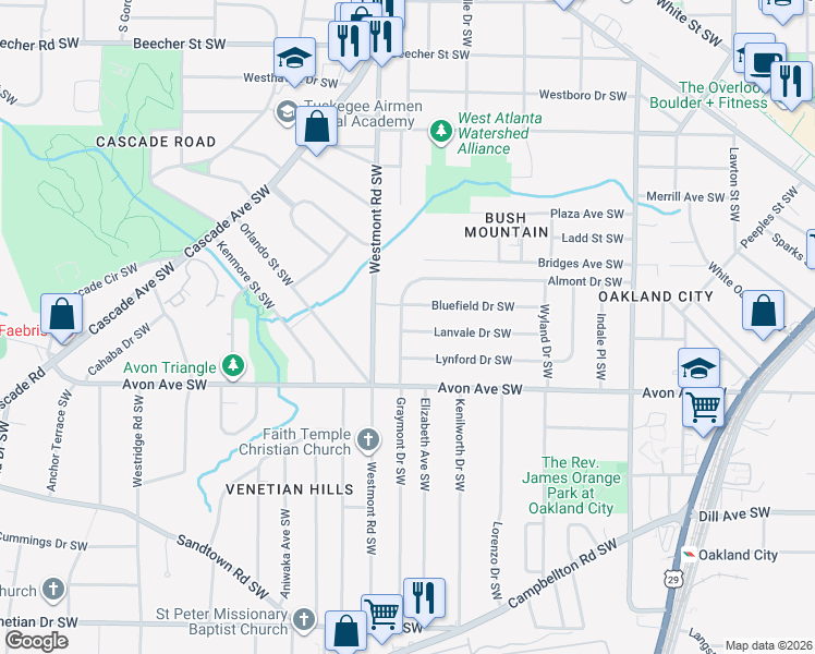 map of restaurants, bars, coffee shops, grocery stores, and more near 1130 Graymont Drive Southwest in Atlanta